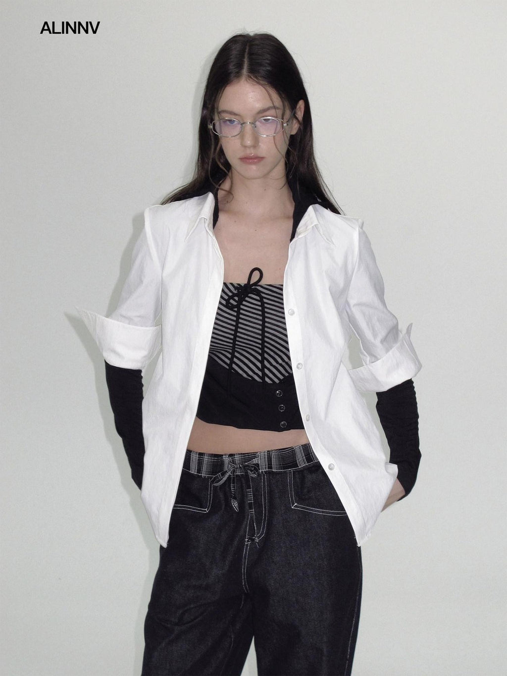 ALINNVSTUDIO Wrinkle Resistant Slim Lapel 3 4 Sleeve Casual Women White Black Plaid Shirts