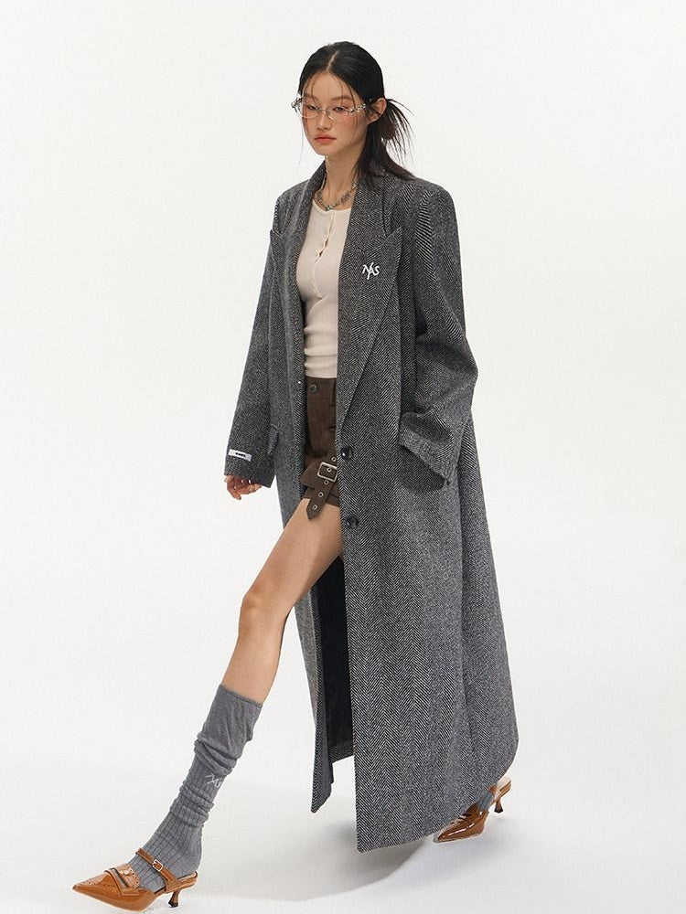NAWSNOTAWEAR Herringbone Wool Blend Loose Fit Blazer Collar Women Single Breasted Wool Coats