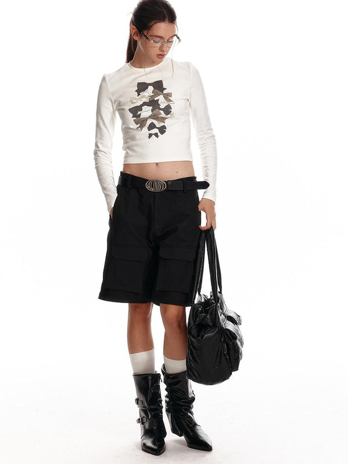 ALINNVSTUDIO Soft Cotton Printed Cropped Slim Fit Crew Neck Women Casual Long Sleeve T-Shirts