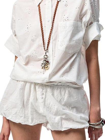 1JINN STUDIO Shape Retention Cotton Jacquard Loose Polo 3 4 Sleeve Women Top & Shorts Sets