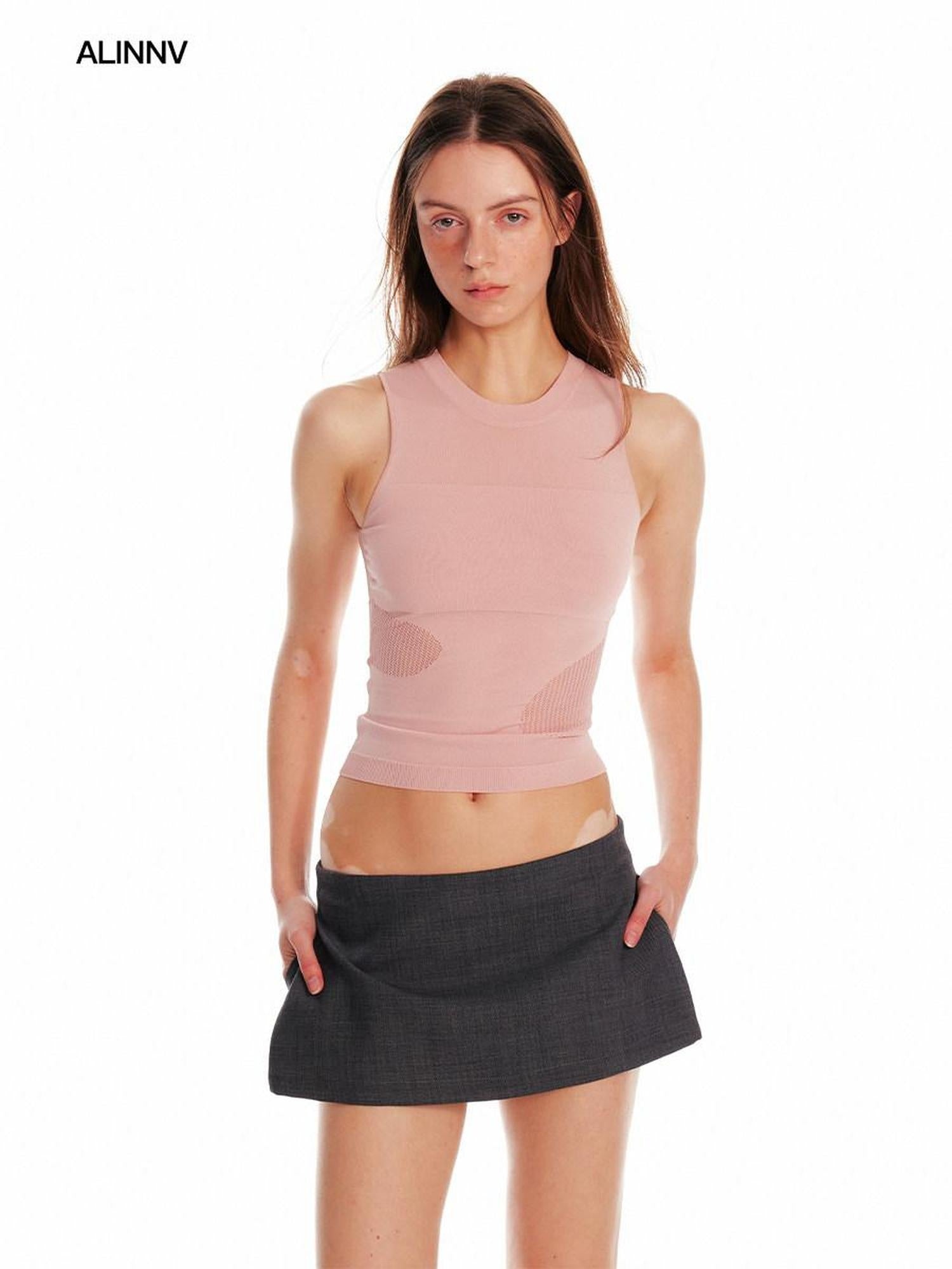 ALINNVSTUDIO Asymmetric Slim Commuter Office Solid Color Sleeveless Pink Black Tank Tops