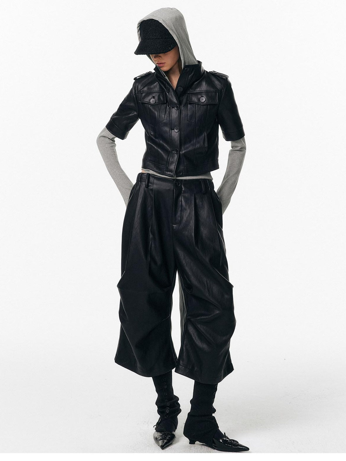 ALINNVSTUDIO Sleek Pu Slim Fit Cropped Short Sleeve Stand Collar Women Leather Jackets