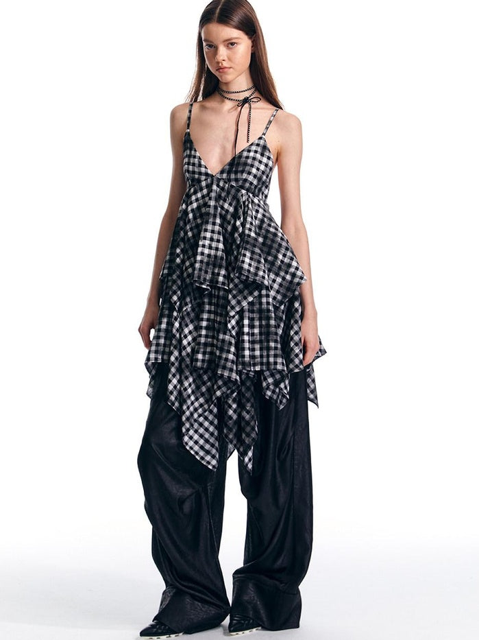 ALINNVSTUDIO Plaid Strappy Polyester Sweet Spicy Sleeveless Youth City Commute Midi Dresses