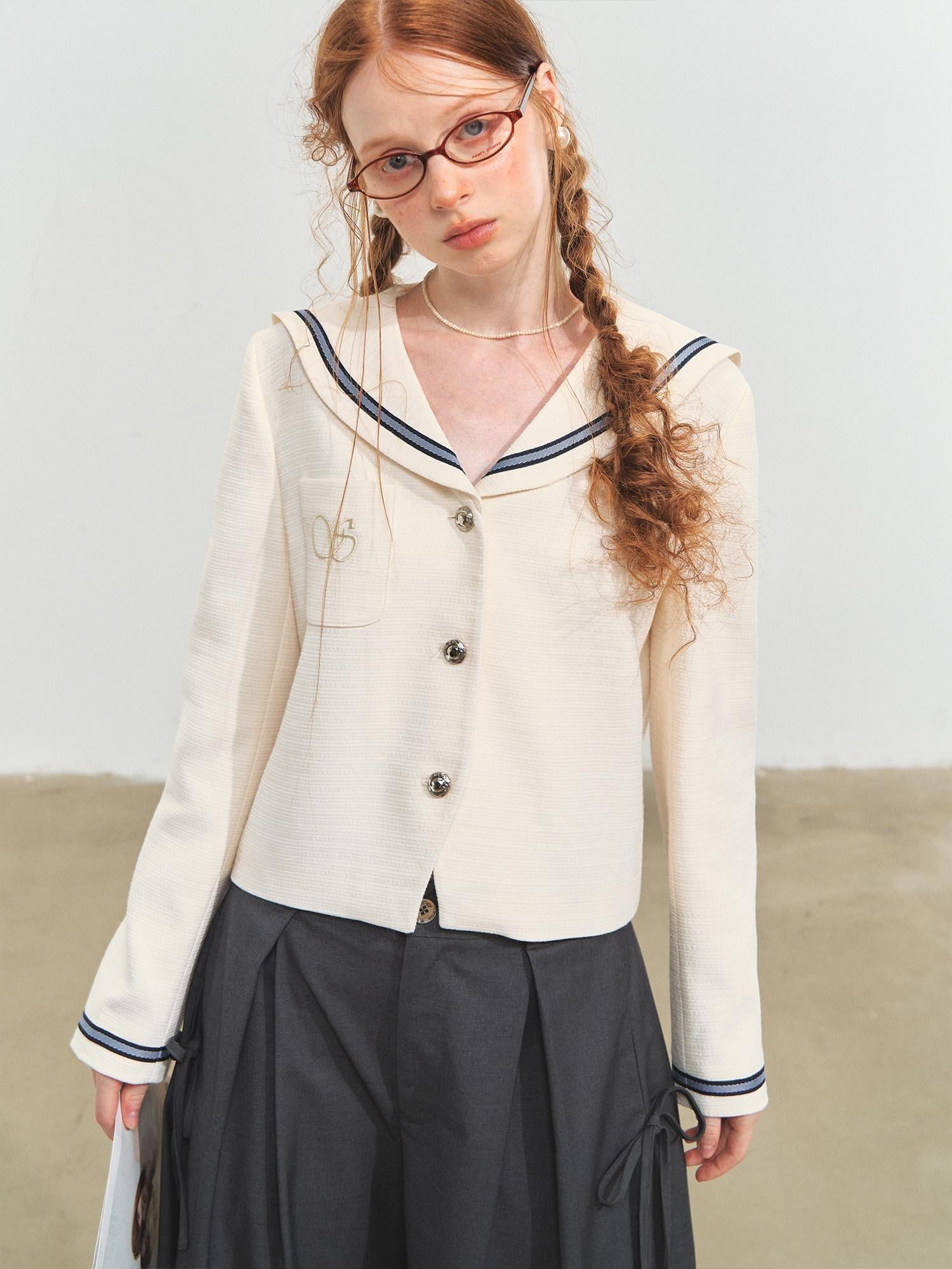 SOMESOWE Shape Retention Navy Inspired Tweed Relaxed Stand Collar Women White Short Coat