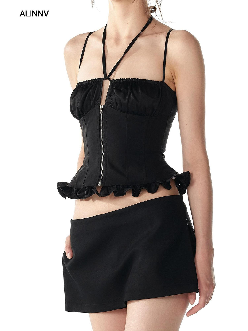 ALINNVSTUDIO Front Zipper Original Slim Fit Crop Strap Top Black Acetate Camisoles