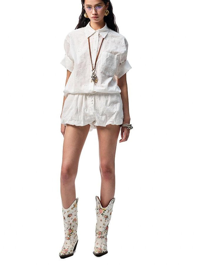 1JINN STUDIO Shape Retention Cotton Jacquard Loose Polo 3 4 Sleeve Women Top & Shorts Sets