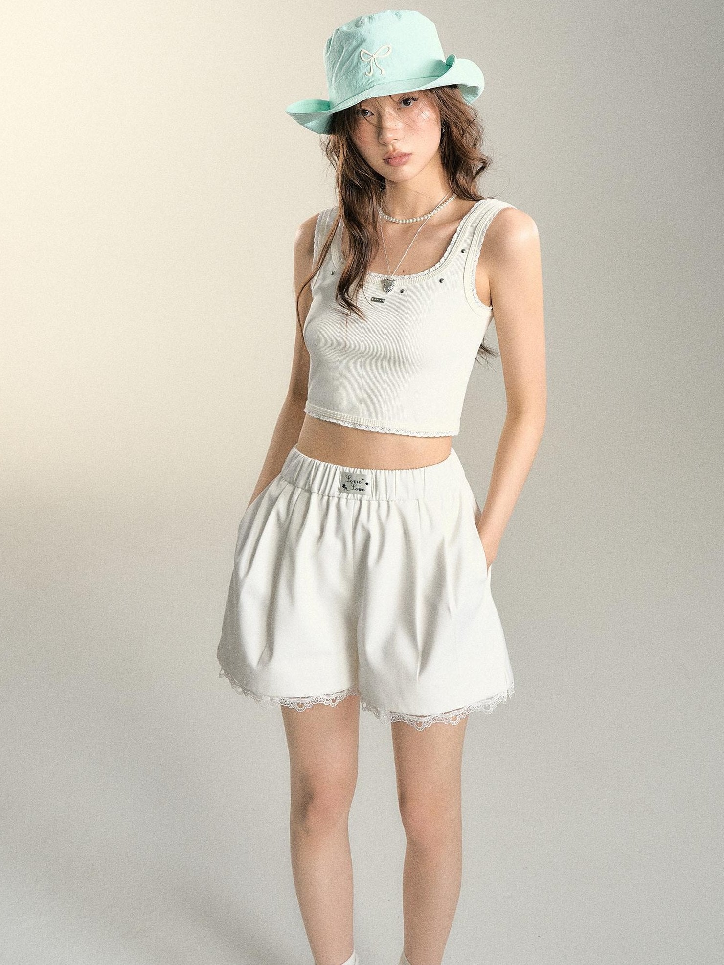 SOMESOWE Casual Lace Trim Patchwork Pocket Relaxed Natural Waist Women Wide Leg Pants