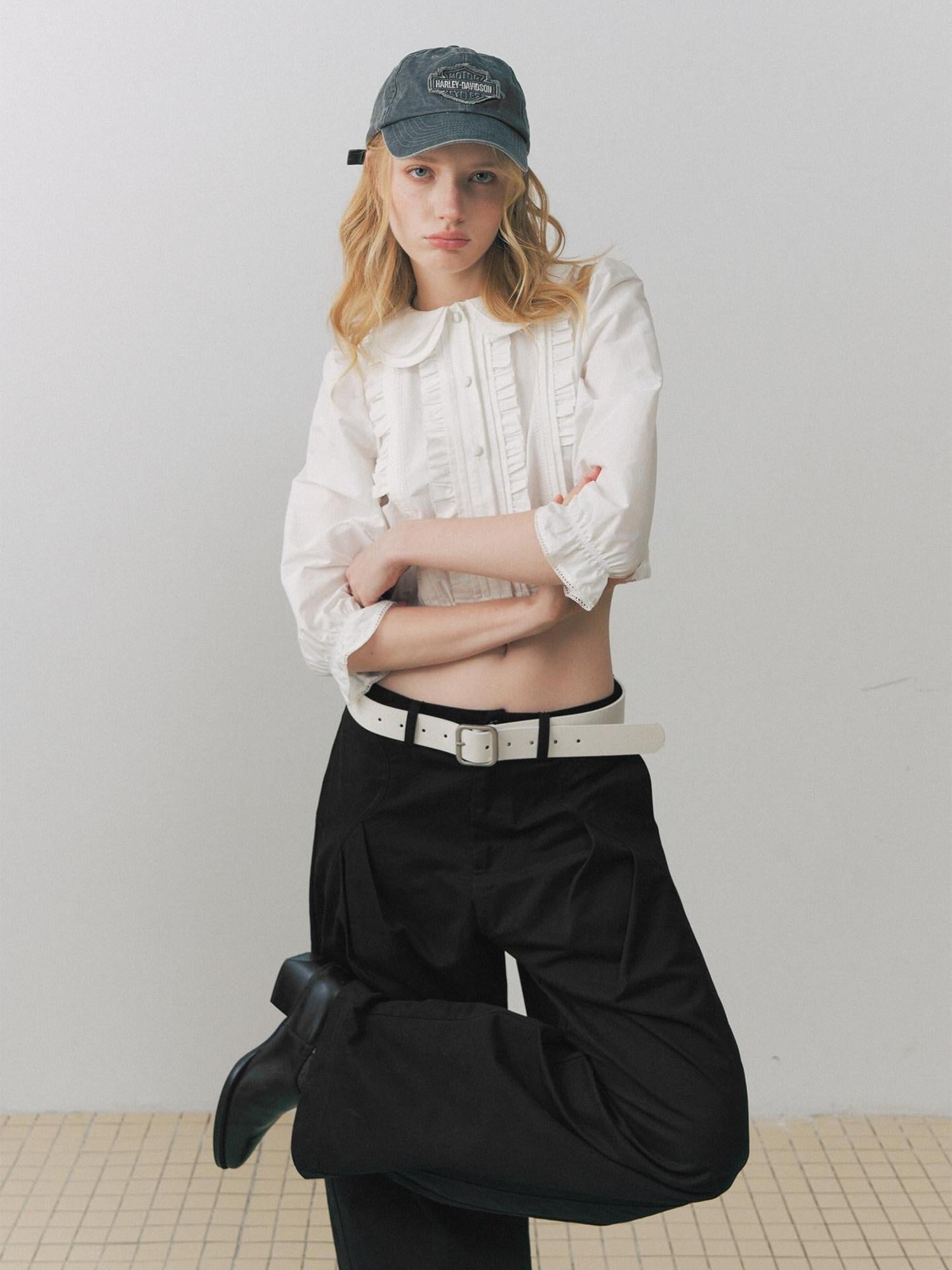 DeleteEx Keeps Shape High Waist Cropped Lace Puff Sleeve Doll Collar Women White Blouses
