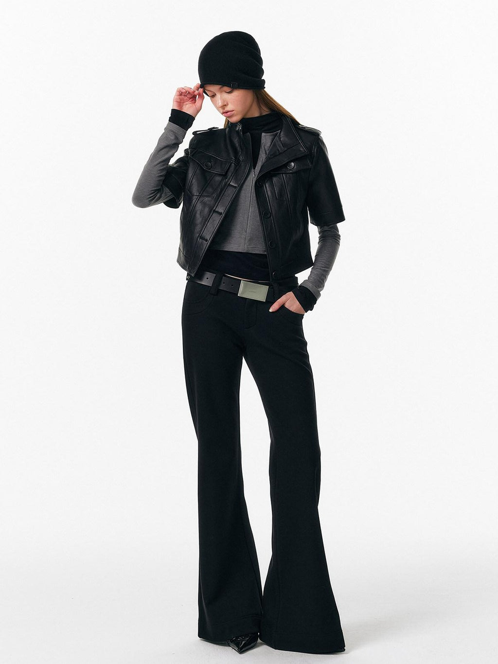 ALINNVSTUDIO Sleek Pu Slim Fit Cropped Short Sleeve Stand Collar Women Leather Jackets