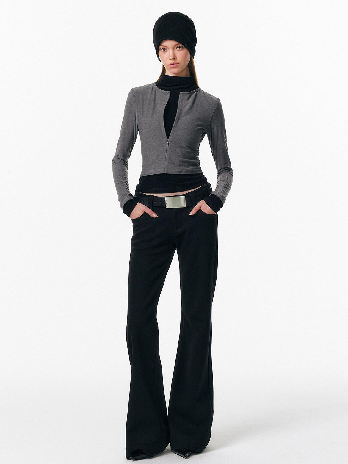 ALINNVSTUDIO Soft Zipper Slim Fit Short Collar Office Ladies Contrast Long Sleeve T-Shirts
