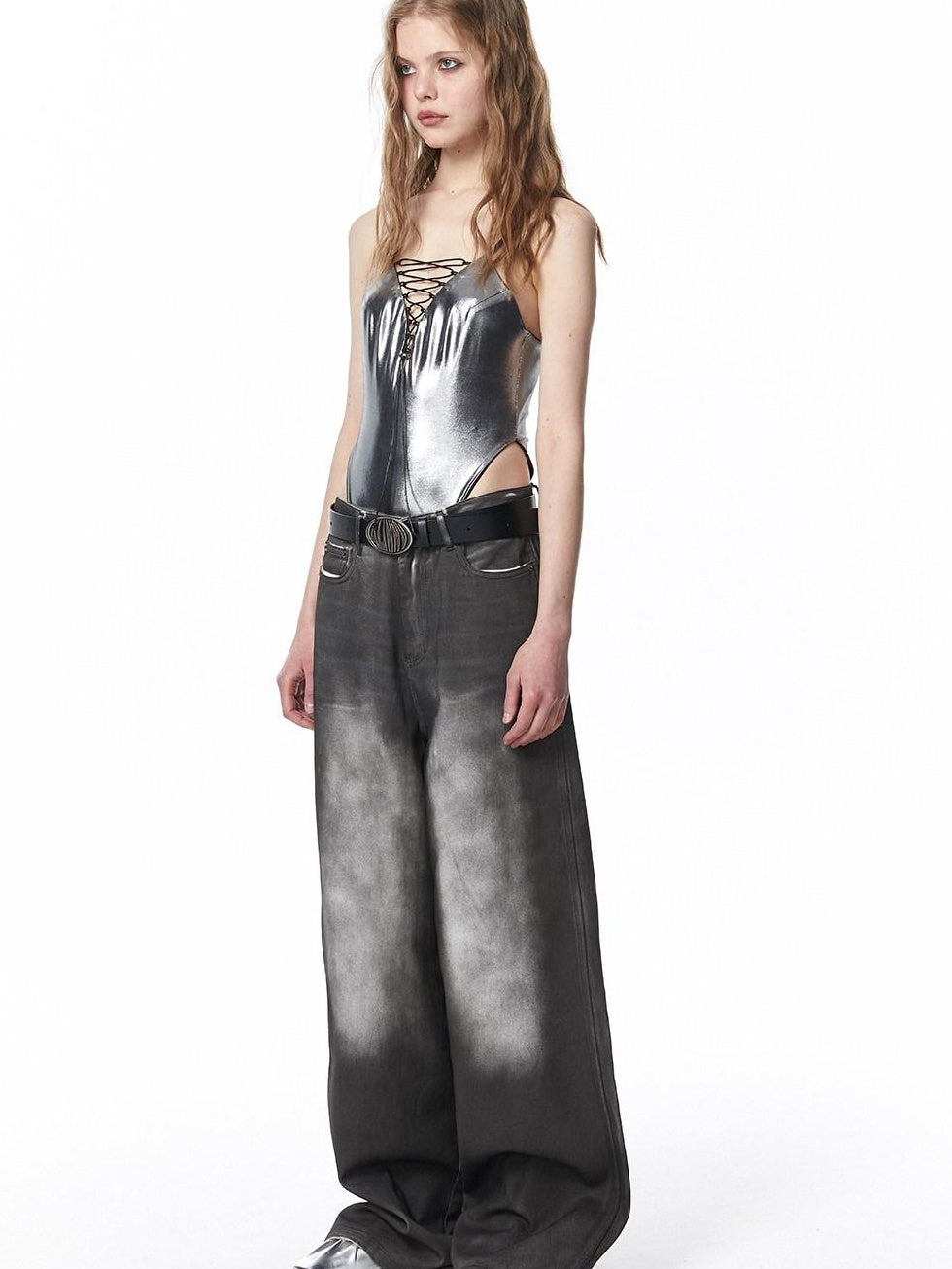 ALINNVSTUDIO Distressed Vintage Natural Waist Long Dark Gray Zip Fly Denim Wide Leg Jeans