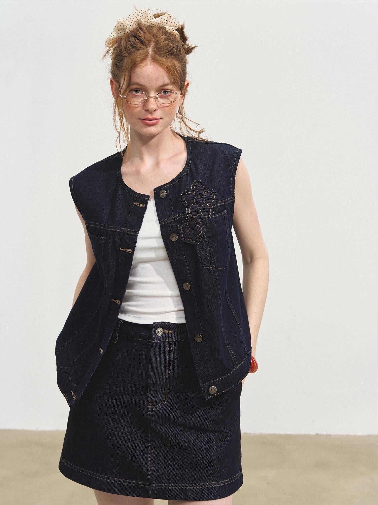 SOMESOWE Soft Cotton Short Sleeve Round Neck Casual Women Denim Lace Top & Skirt Sets