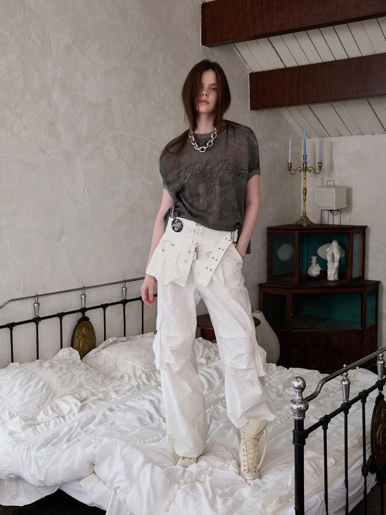 1JINN STUDIO Versatile Minimal Loose Flared Low Rise Zip Fly Cotton Jacquard Cargo Pants