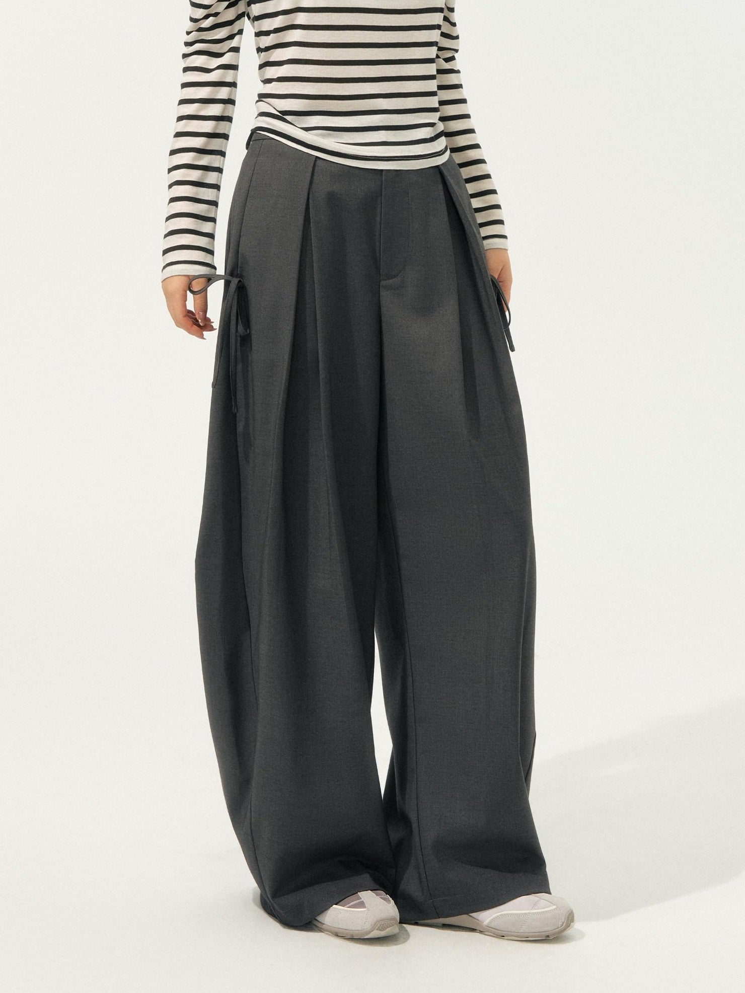 SOMESOWE Plaid Pocket Loose Fit Natural Waist Button Grey Casual Women Wide Leg Pants