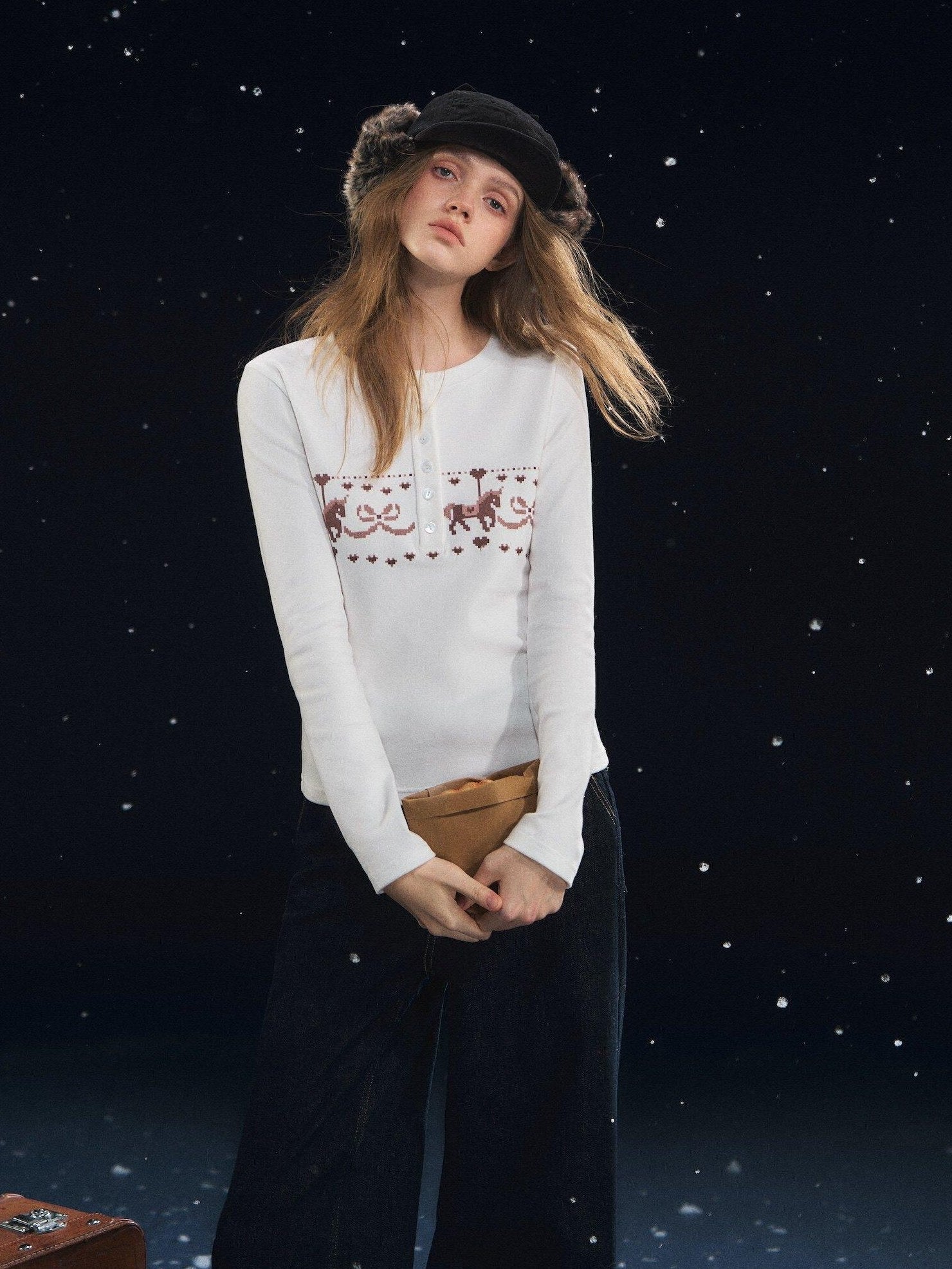SOMESOWE Cotton Blend Lace Trim Casual Crew Neck Women Cartoon Print Sweaters