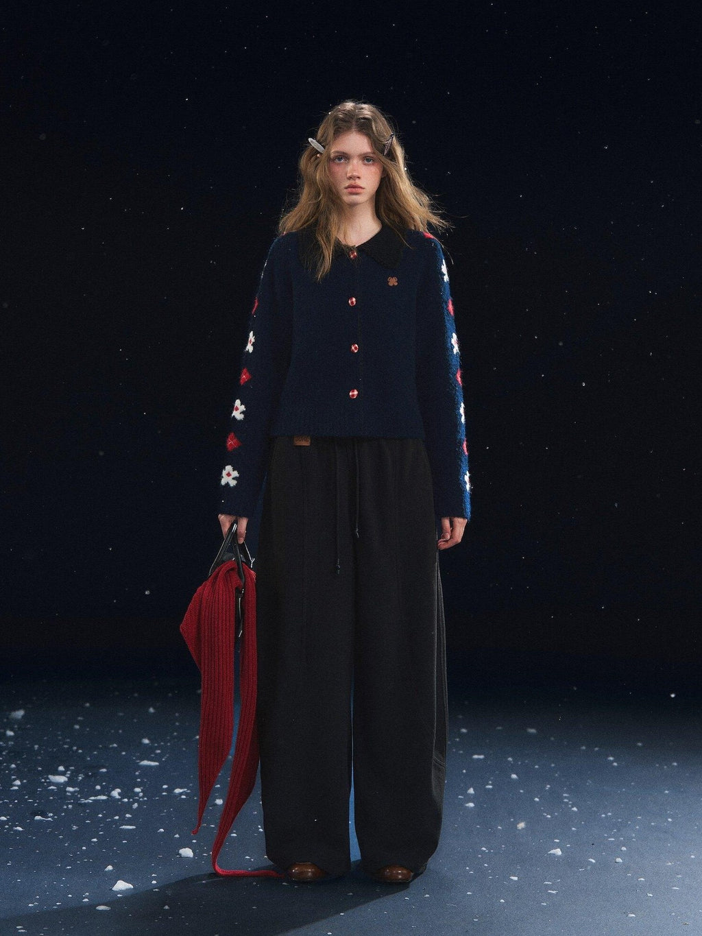 SOMESOWE Floral Embroidered Vintage Lapel Button Navy Long Sleeve Casual Women Cardigans