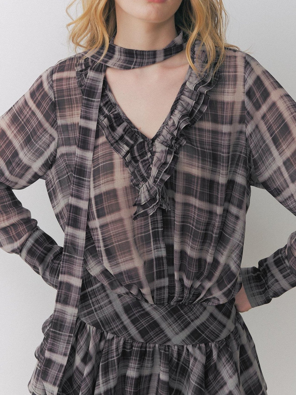 DeleteEx Chic Vintage Asymmetrical V-neck Slim Long Sleeve Plaid Citywalk Mini Dresses