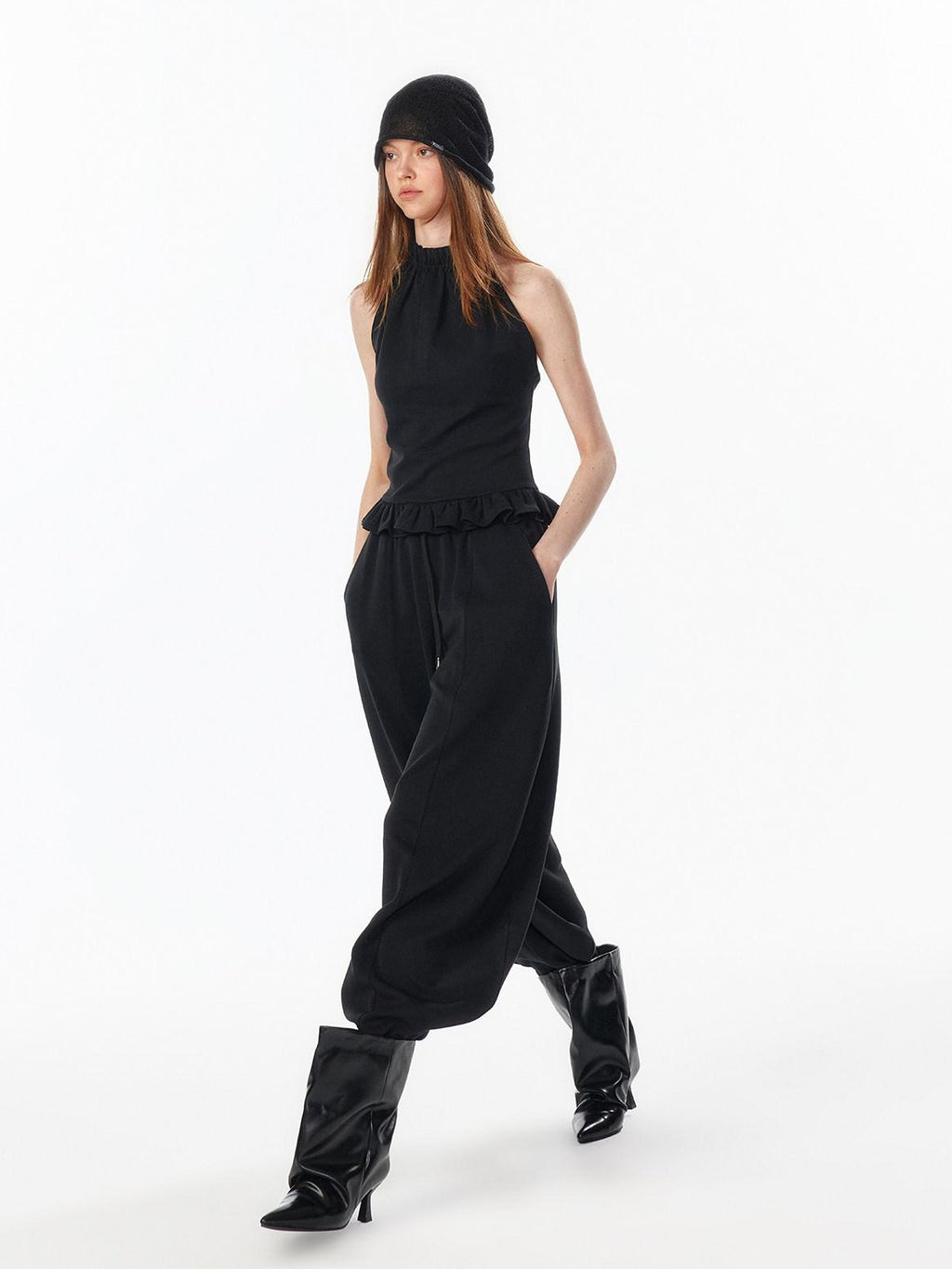 ALINNVSTUDIO Breathable Modal Loose Balloon Split Hem Natural Waist Women Black Sweatpants