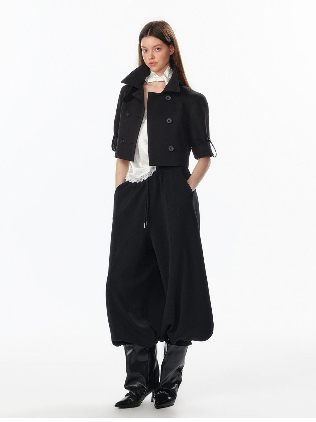 Casual High Waist Double Breasted Cropped Black Cotton Blend Women Trench Coats