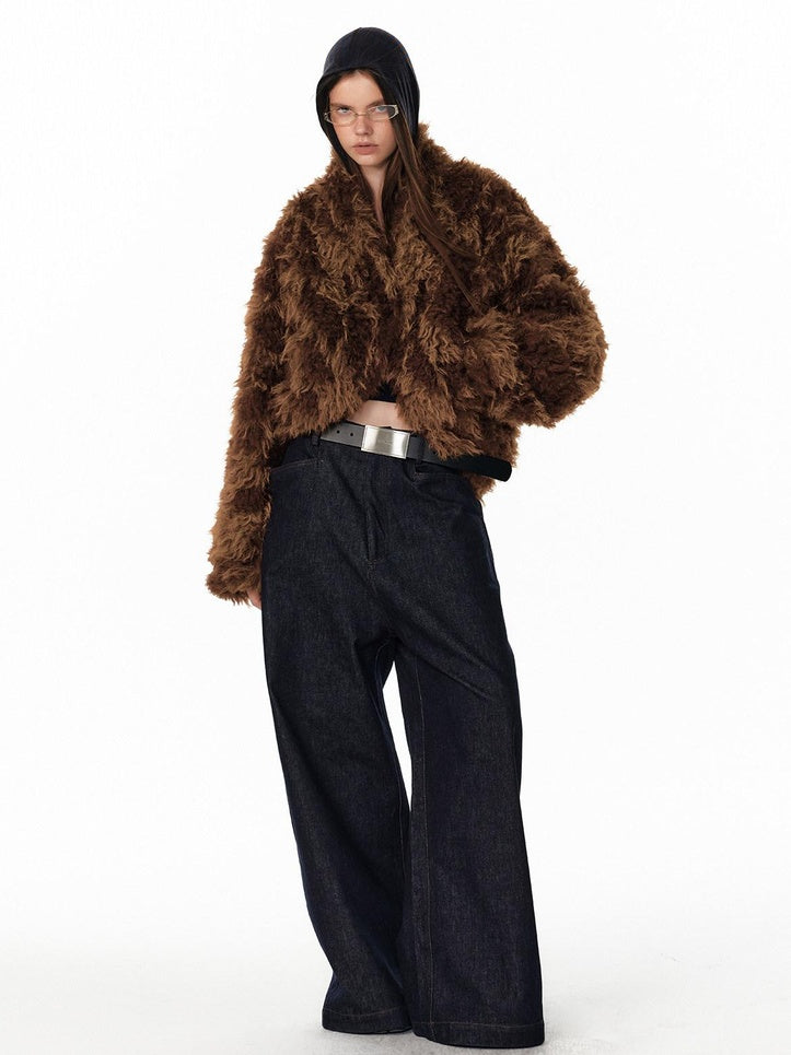 ALINNVSTUDIO Faux Fur Cropped Oversized Workwear Women Floral Pattern Leather Jackets