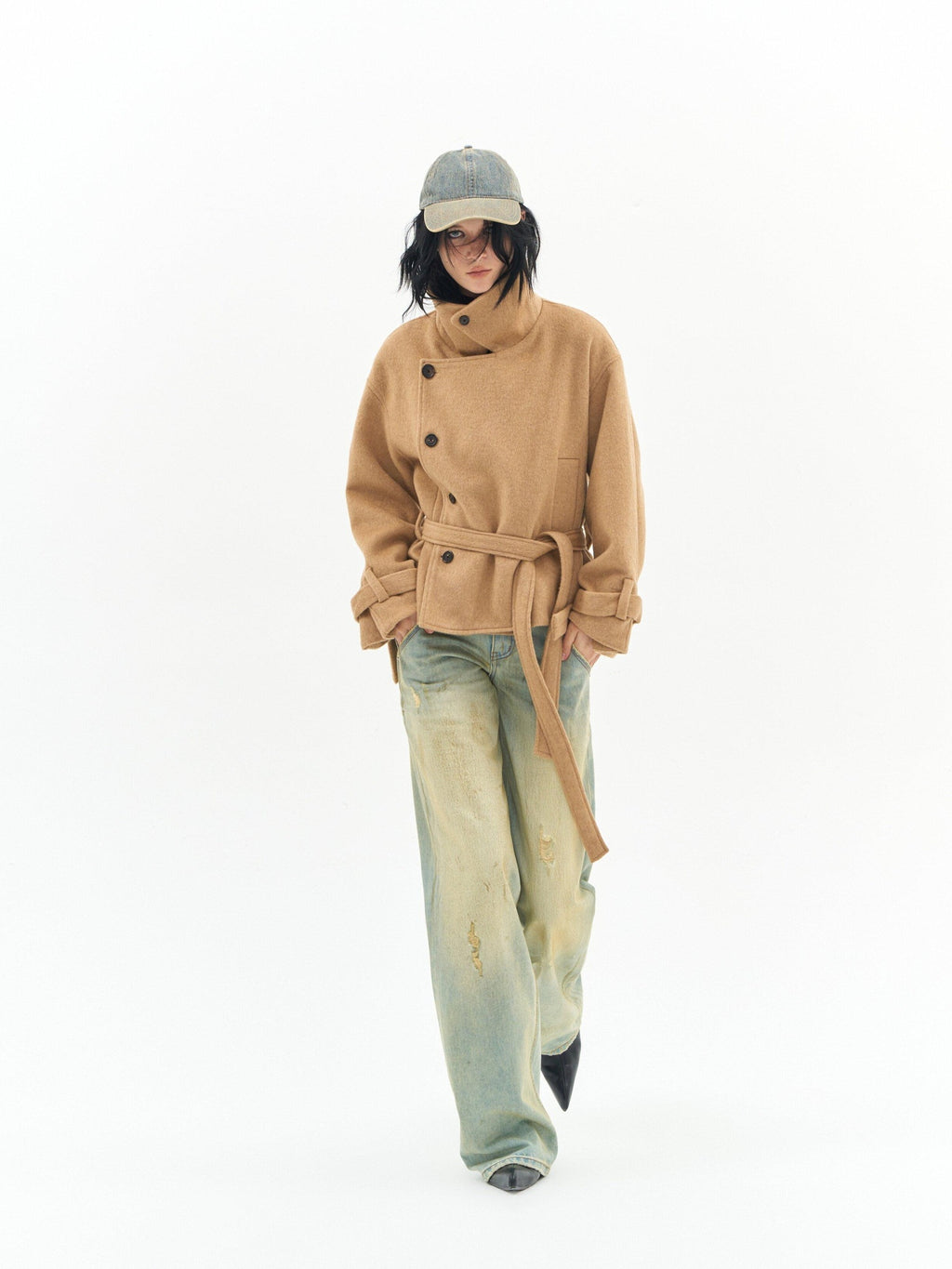DeleteEx Thick Half Wool Blend American Cropped Lapel Young Women Khaki Wool Coats