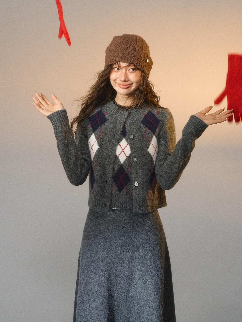 SOMESOWE Embroidered Plaid Slim Fit Long Sleeve Crew Neck Women Casual Top & Skirt Sets