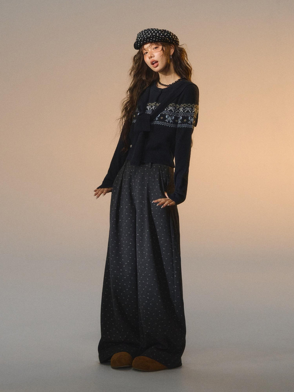 SOMESOWE Minimal Commuter V-neck Button Bow Detail Layered Look Women Navy Knit Cardigans