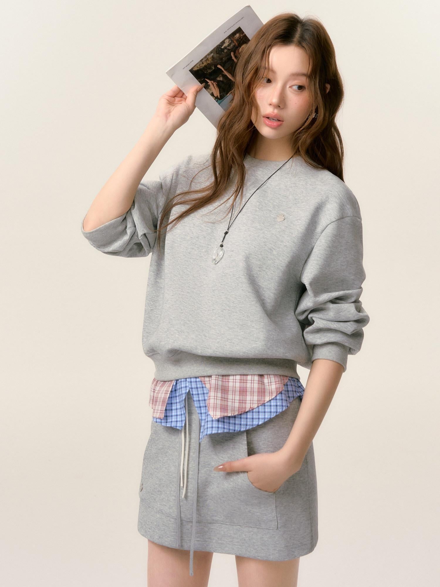SOMESOWE Cotton Crew Long Sleeve Casual Mini Skirt Women Gray Navy Top & Skirt Sets
