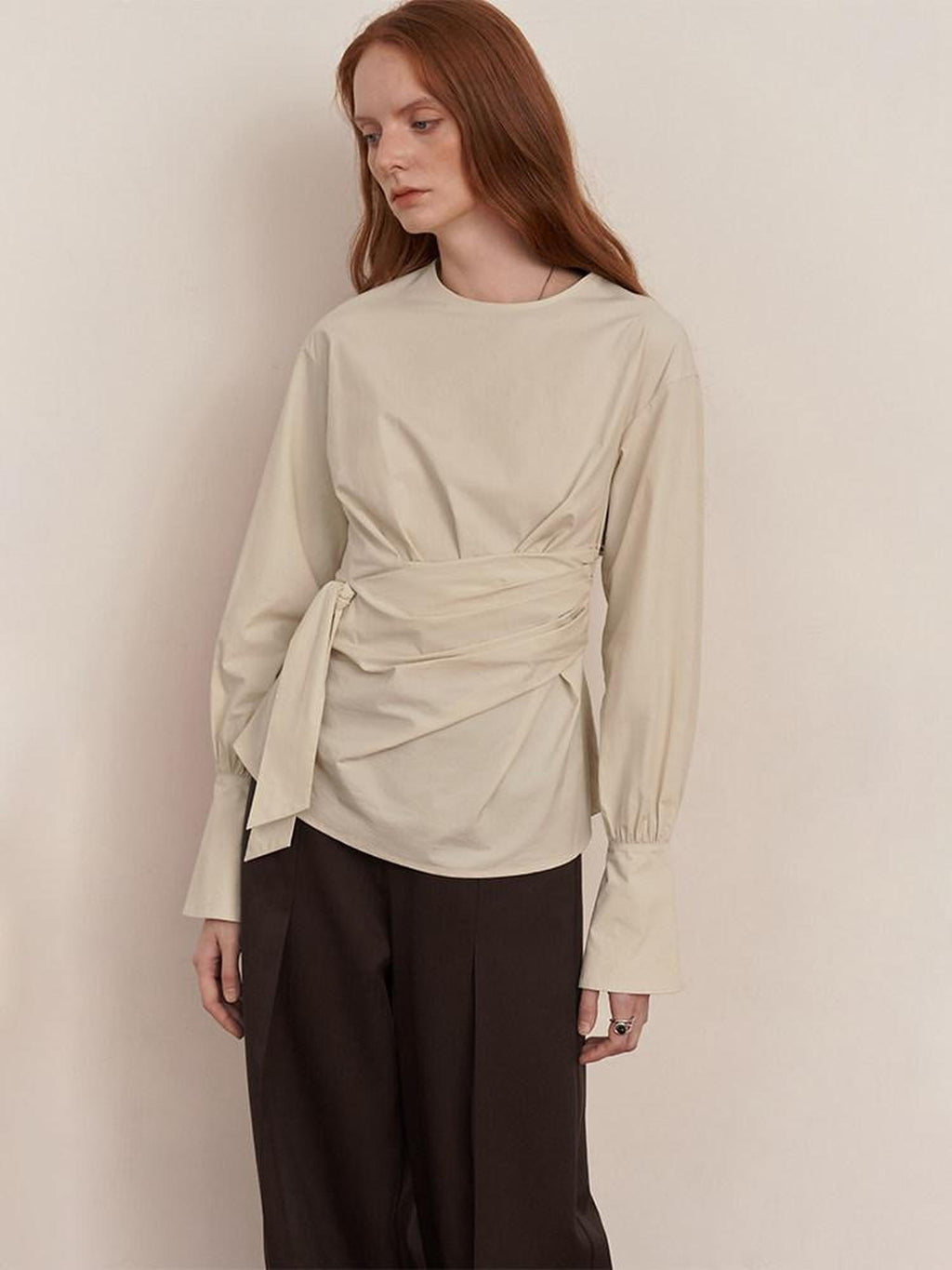 someonesometimes 100 Percent Cotton Slim Pleated Bell Sleeves Women Cream Gray Blouses