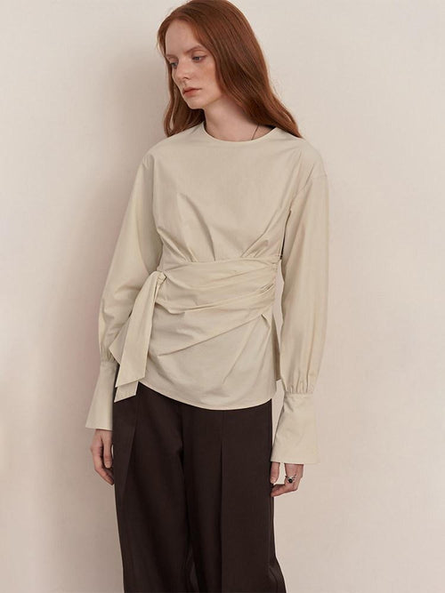 someonesometimes 100 Percent Cotton Slim Pleated Bell Sleeves Women Cream Gray Blouses