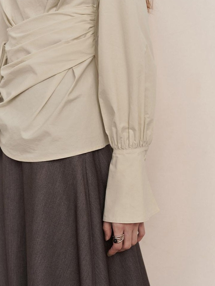 someonesometimes 100 Percent Cotton Slim Pleated Bell Sleeves Women Cream Gray Blouses
