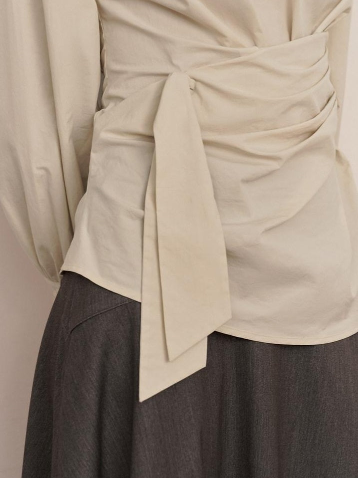 someonesometimes 100 Percent Cotton Slim Pleated Bell Sleeves Women Cream Gray Blouses