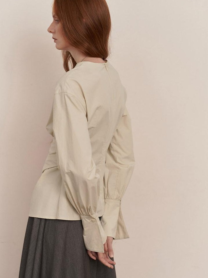 someonesometimes 100 Percent Cotton Slim Pleated Bell Sleeves Women Cream Gray Blouses