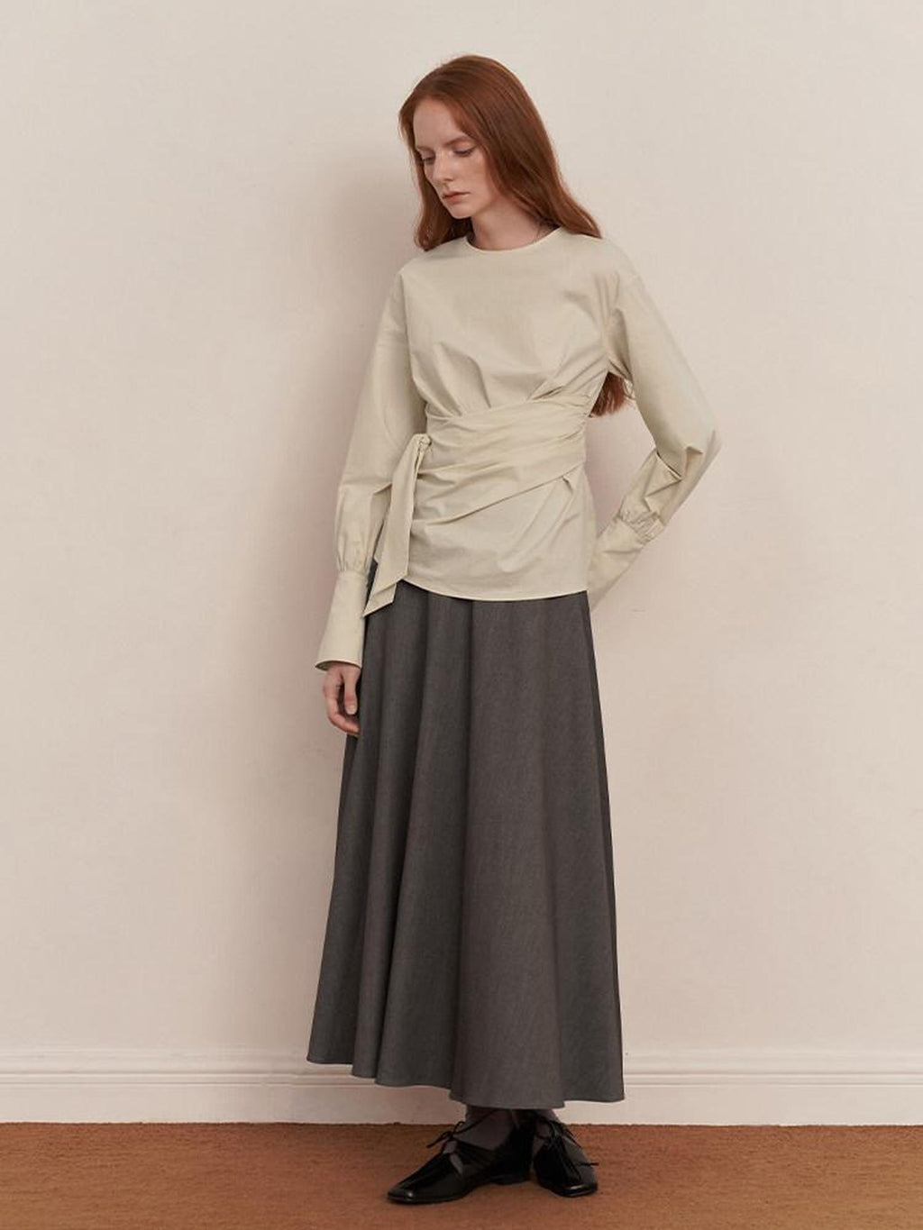 someonesometimes 100 Percent Cotton Slim Pleated Bell Sleeves Women Cream Gray Blouses