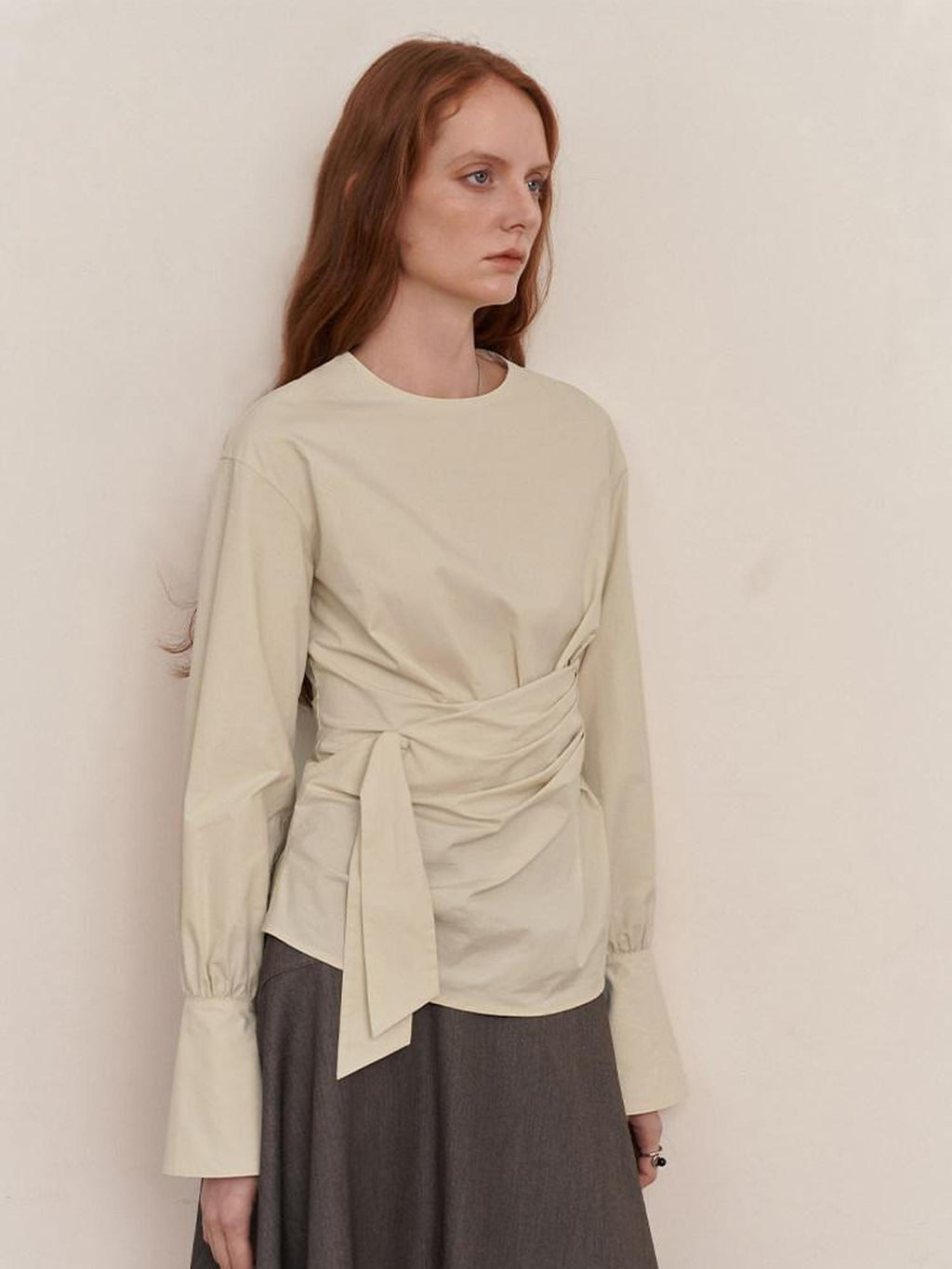 someonesometimes 100 Percent Cotton Slim Pleated Bell Sleeves Women Cream Gray Blouses