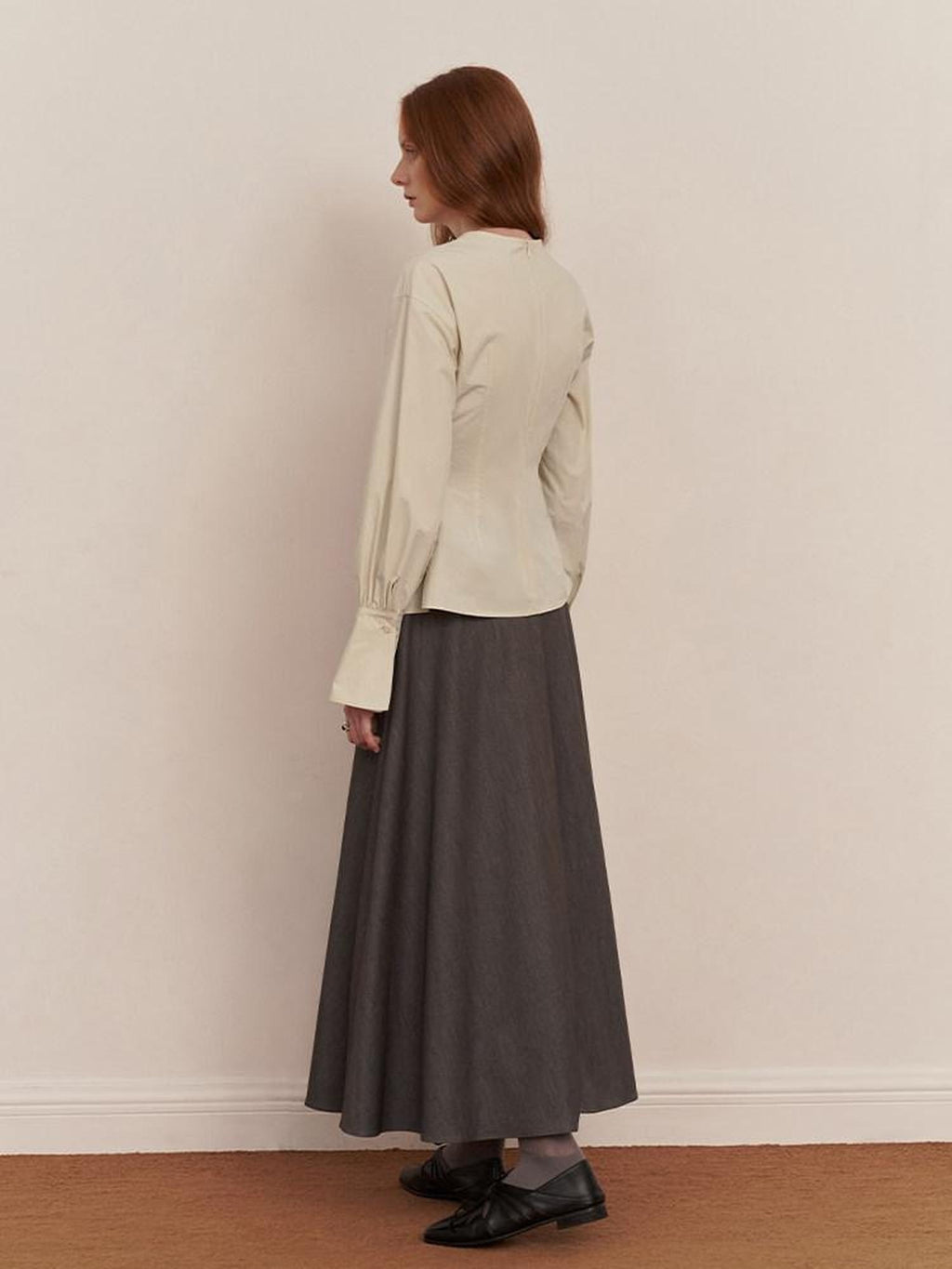 someonesometimes 100 Percent Cotton Slim Pleated Bell Sleeves Women Cream Gray Blouses