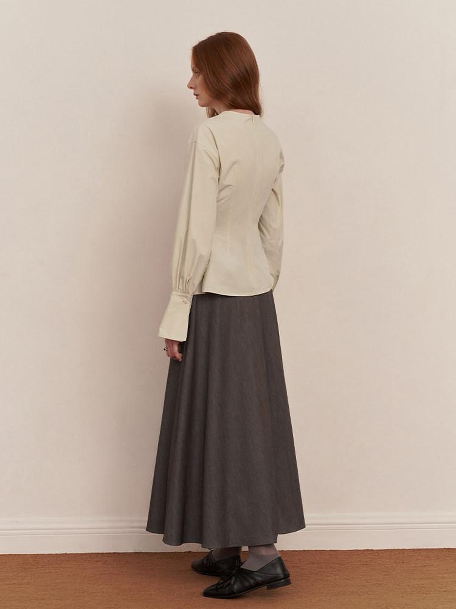 someonesometimes 100 Percent Cotton Slim Pleated Bell Sleeves Women Cream Gray Blouses