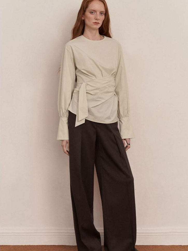 someonesometimes 100 Percent Cotton Slim Pleated Bell Sleeves Women Cream Gray Blouses