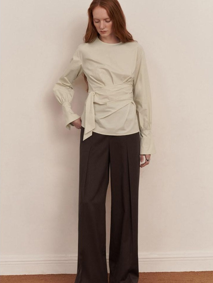 someonesometimes 100 Percent Cotton Slim Pleated Bell Sleeves Women Cream Gray Blouses