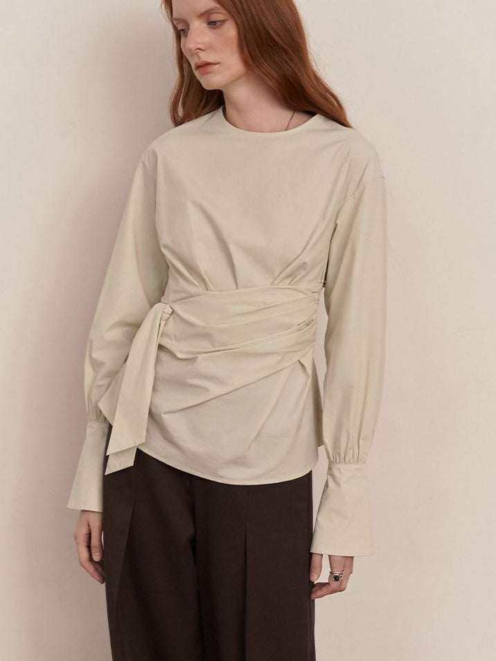 someonesometimes 100 Percent Cotton Slim Pleated Bell Sleeves Women Cream Gray Blouses