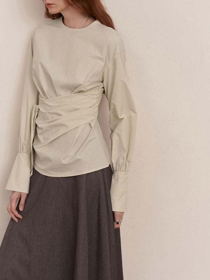 someonesometimes 100 Percent Cotton Slim Pleated Bell Sleeves Women Cream Gray Blouses