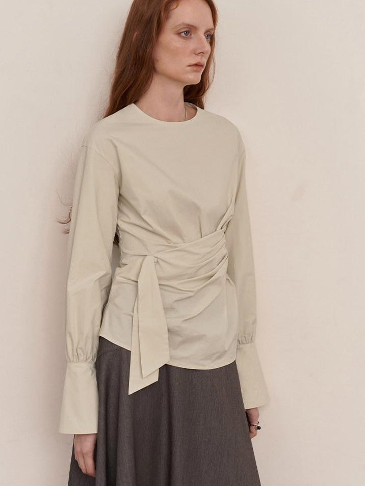 someonesometimes 100 Percent Cotton Slim Pleated Bell Sleeves Women Cream Gray Blouses