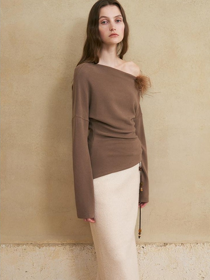 someonesometimes 3D Embellished Asymmetrical Neck Slim Crop Knit Wool Blend Sweaters