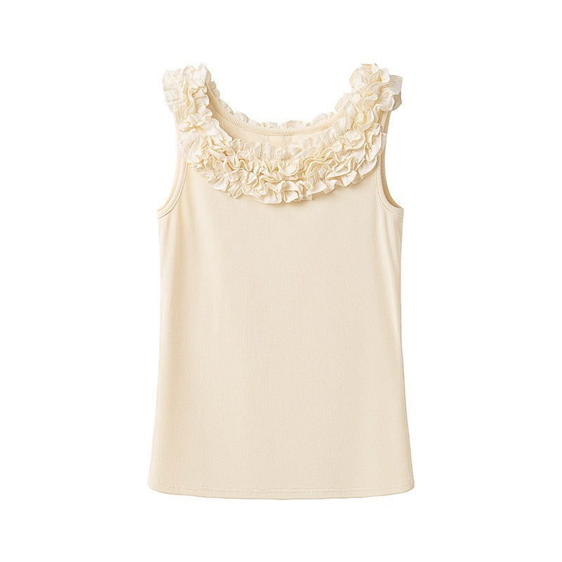 someonesometimes_3D_Embellished_Lettuce_Edge_Slim_Work_Strappy_Cotton_Viscose_Yellow_Tank_Tops_MISSTT