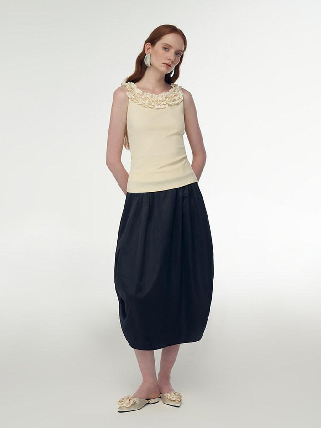 someonesometimes 3D Embellished Lettuce Edge Slim Work Strappy Cotton Viscose Yellow Tank Tops