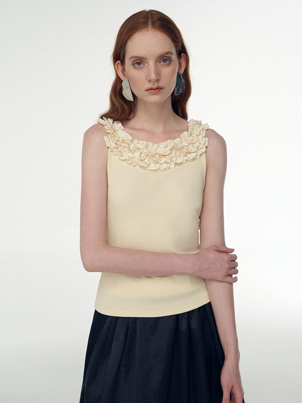 someonesometimes 3D Embellished Lettuce Edge Slim Work Strappy Cotton Viscose Yellow Tank Tops
