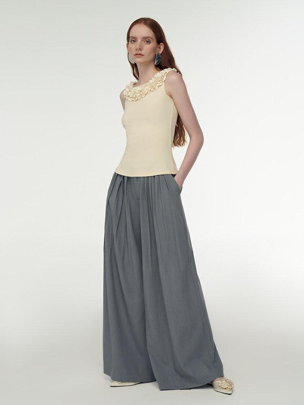someonesometimes 3D Embellished Lettuce Edge Slim Work Strappy Cotton Viscose Yellow Tank Tops
