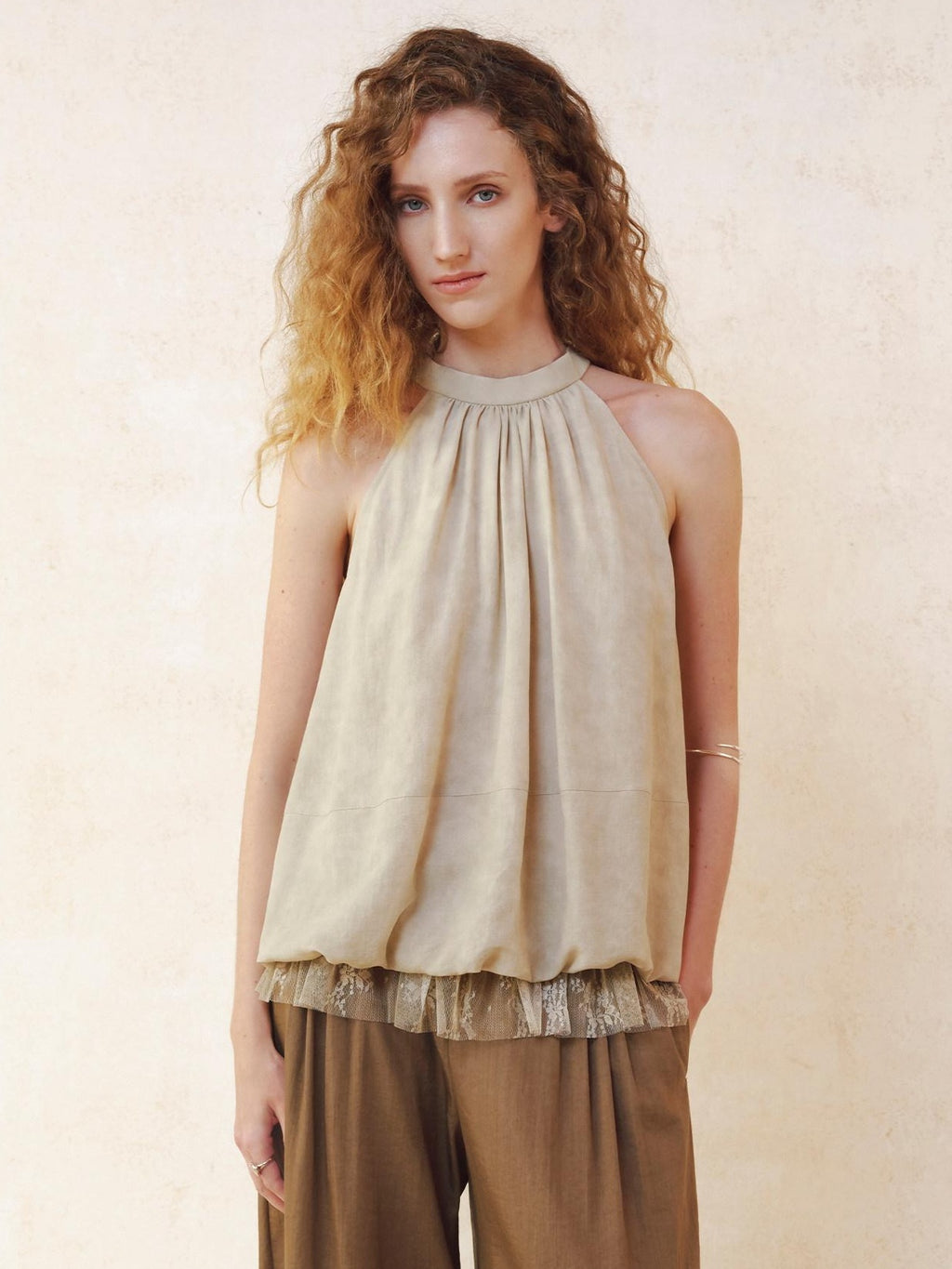someonesometimes 3D Embellished Patchwork Halter Loose Fit Nylon Blend Women Gray Green Tank Tops