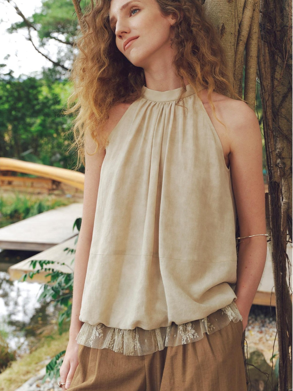 someonesometimes 3D Embellished Patchwork Halter Loose Fit Nylon Blend Women Gray Green Tank Tops