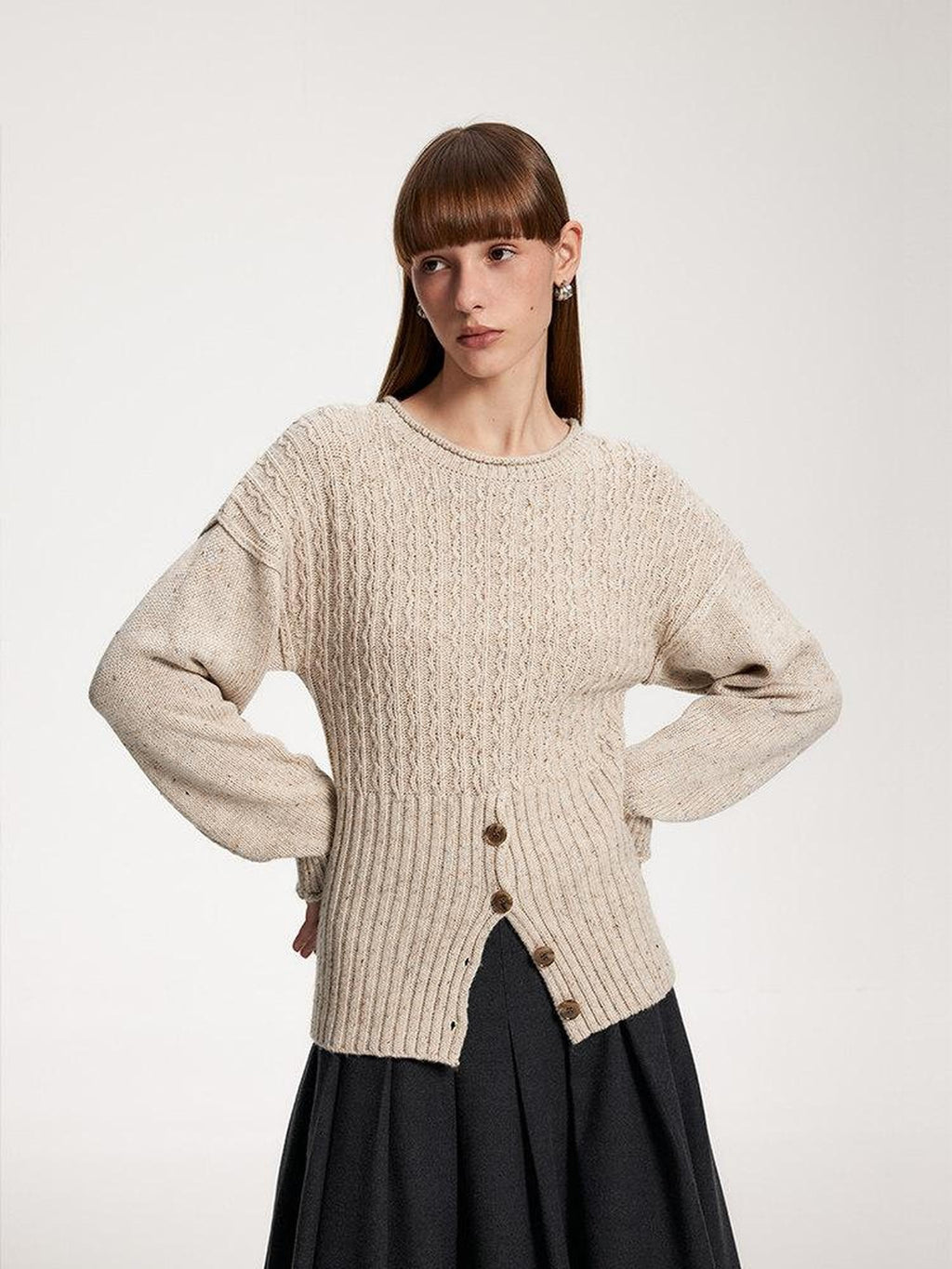 someonesometimes Acrylic Blend Speckled Beige Crew Neck Pullover Office Knitwear Sweaters